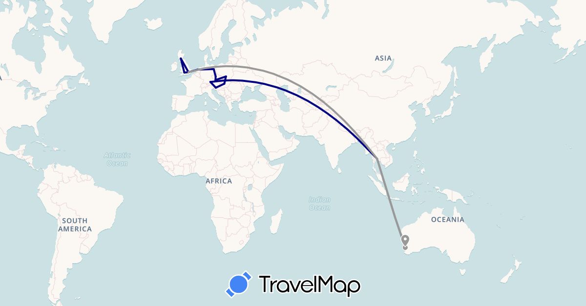 TravelMap itinerary: driving, plane in Australia, Czech Republic, Germany, United Kingdom, Hungary, Netherlands, Poland, Slovenia, Thailand (Asia, Europe, Oceania)